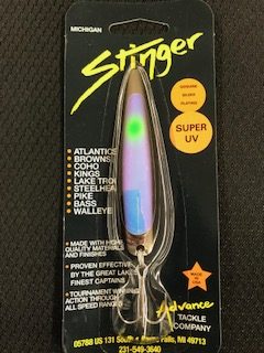 Michigan Stinger Stingray Spoon Super UV Green Tuxedo; 4 1/4 in.